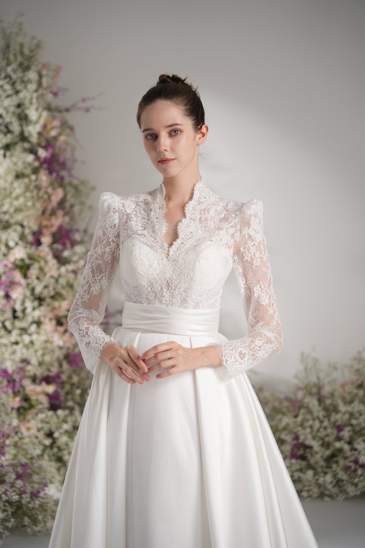 A-Line Queen Anne Long Sleeve Lace Satin Wedding Dress with Court Train