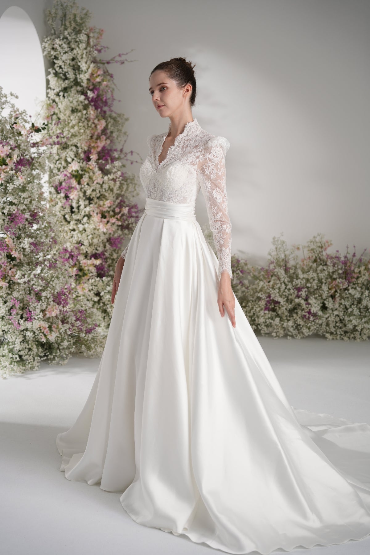 A-Line Queen Anne Long Sleeve Lace Satin Wedding Dress with Court Train