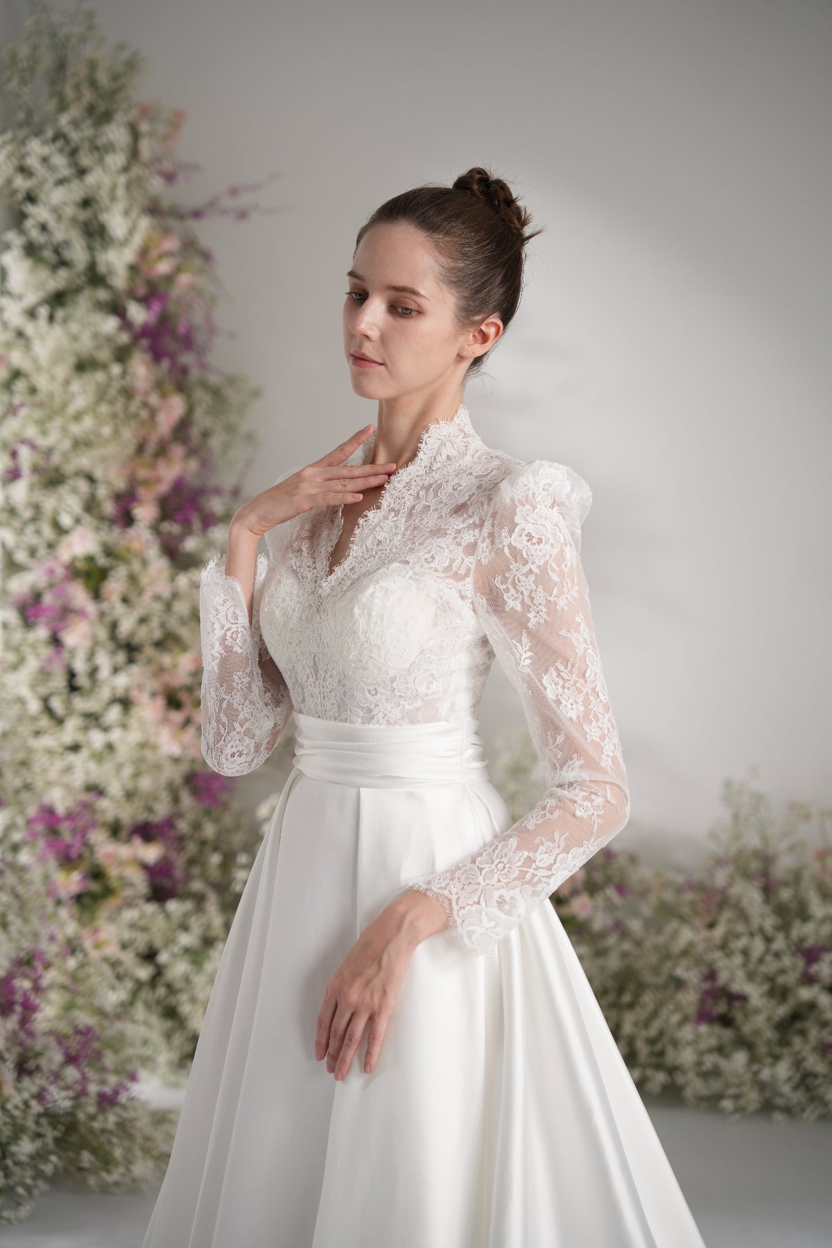 A-Line Queen Anne Long Sleeve Lace Satin Wedding Dress with Court Train