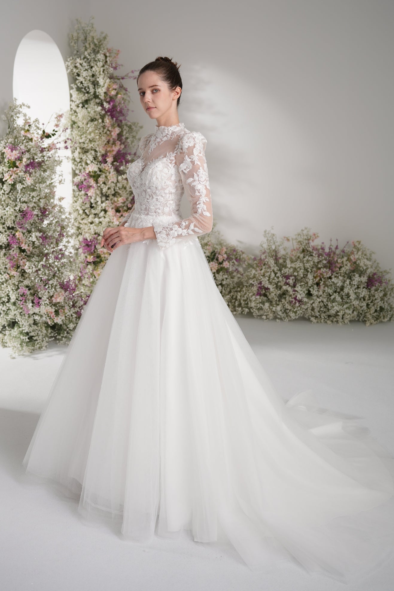 A-line High Neck Long Sleeves Mesh Full Lace Luxury Wedding Dress With Court Train