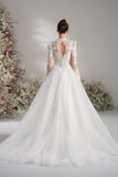 A-line High Neck Long Sleeves Mesh Full Lace Luxury Wedding Dress With Court Train