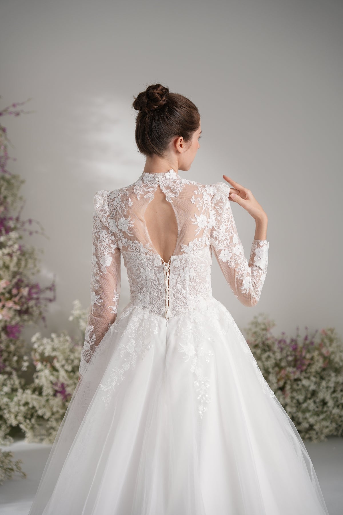 A-line High Neck Long Sleeves Mesh Full Lace Luxury Wedding Dress With Court Train