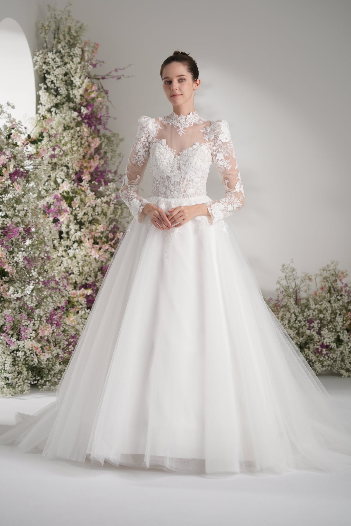 A-line High Neck Long Sleeves Mesh Full Lace Luxury Wedding Dress With Court Train