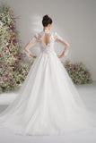 A-line High Neck Long Sleeves Mesh Full Lace Luxury Wedding Dress With Court Train