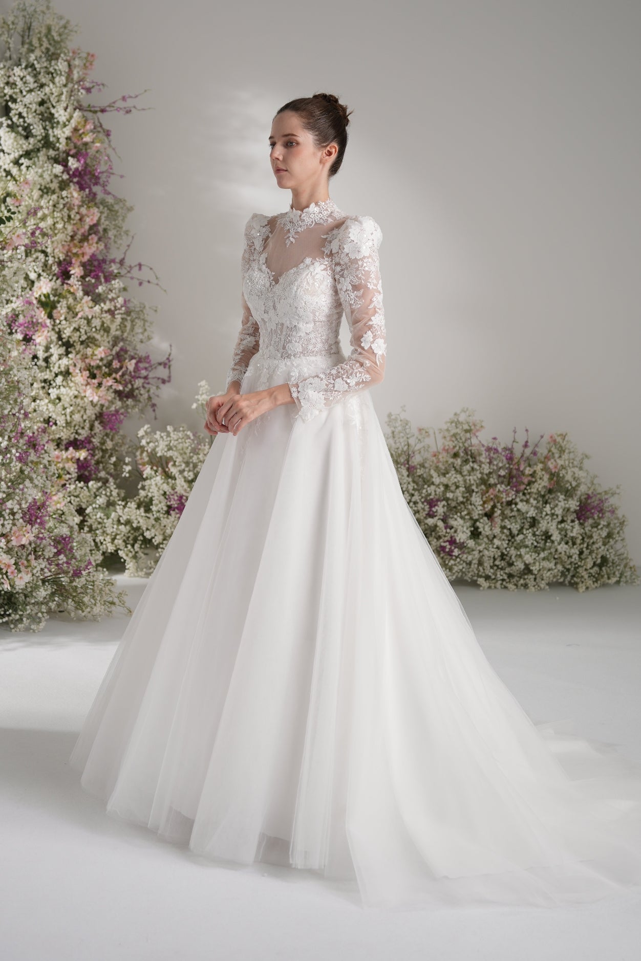 A-line High Neck Long Sleeves Mesh Full Lace Luxury Wedding Dress With Court Train