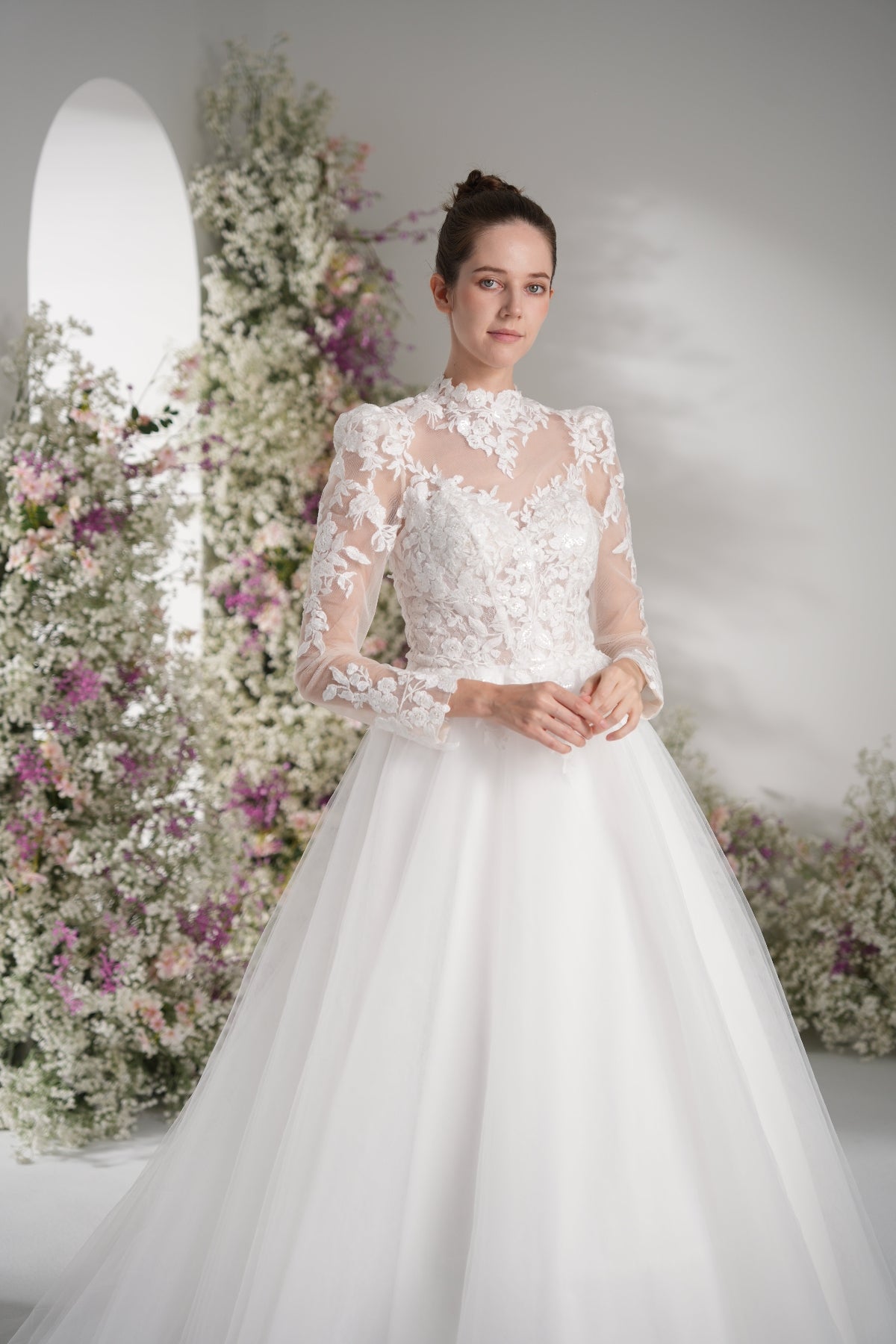 A-line High Neck Long Sleeves Mesh Full Lace Luxury Wedding Dress With Court Train