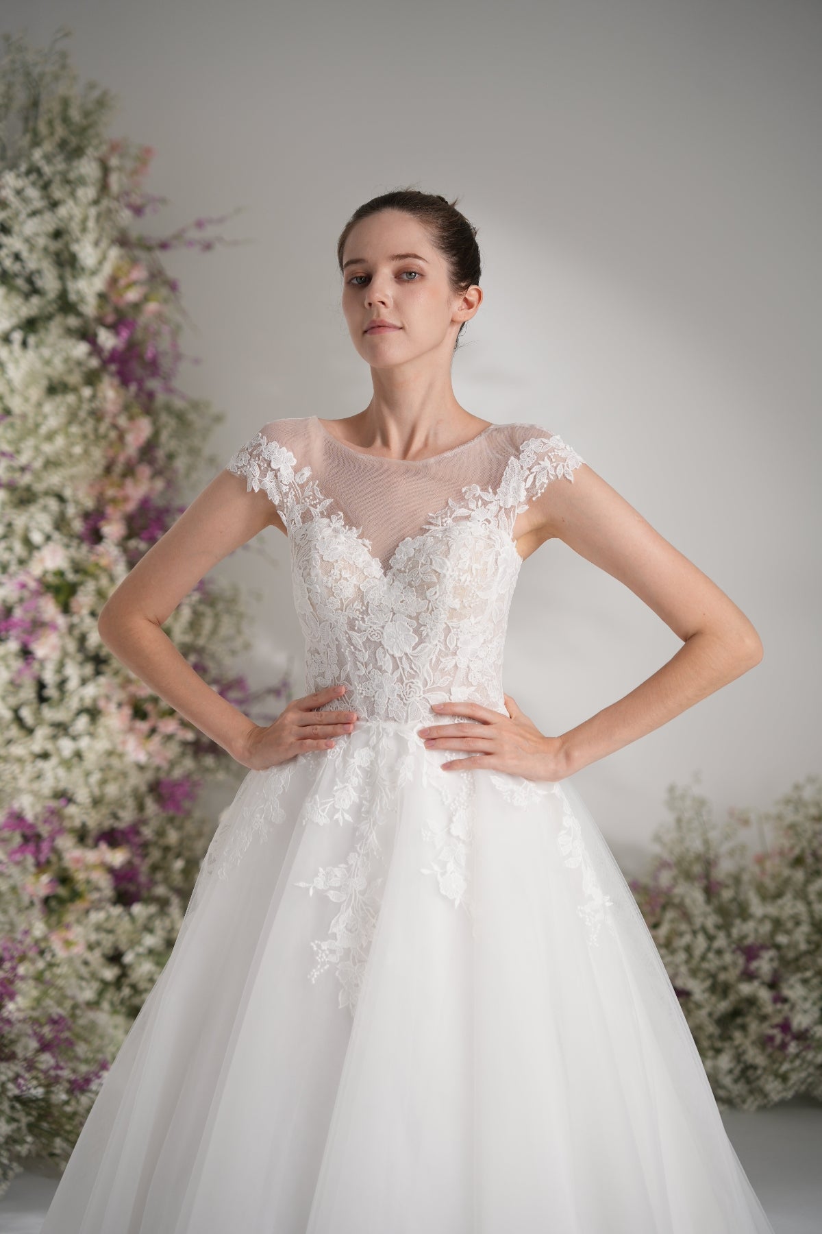 A-line Lllusion Neck Full Lace Luxury Mesh Wedding Dress With Court Train