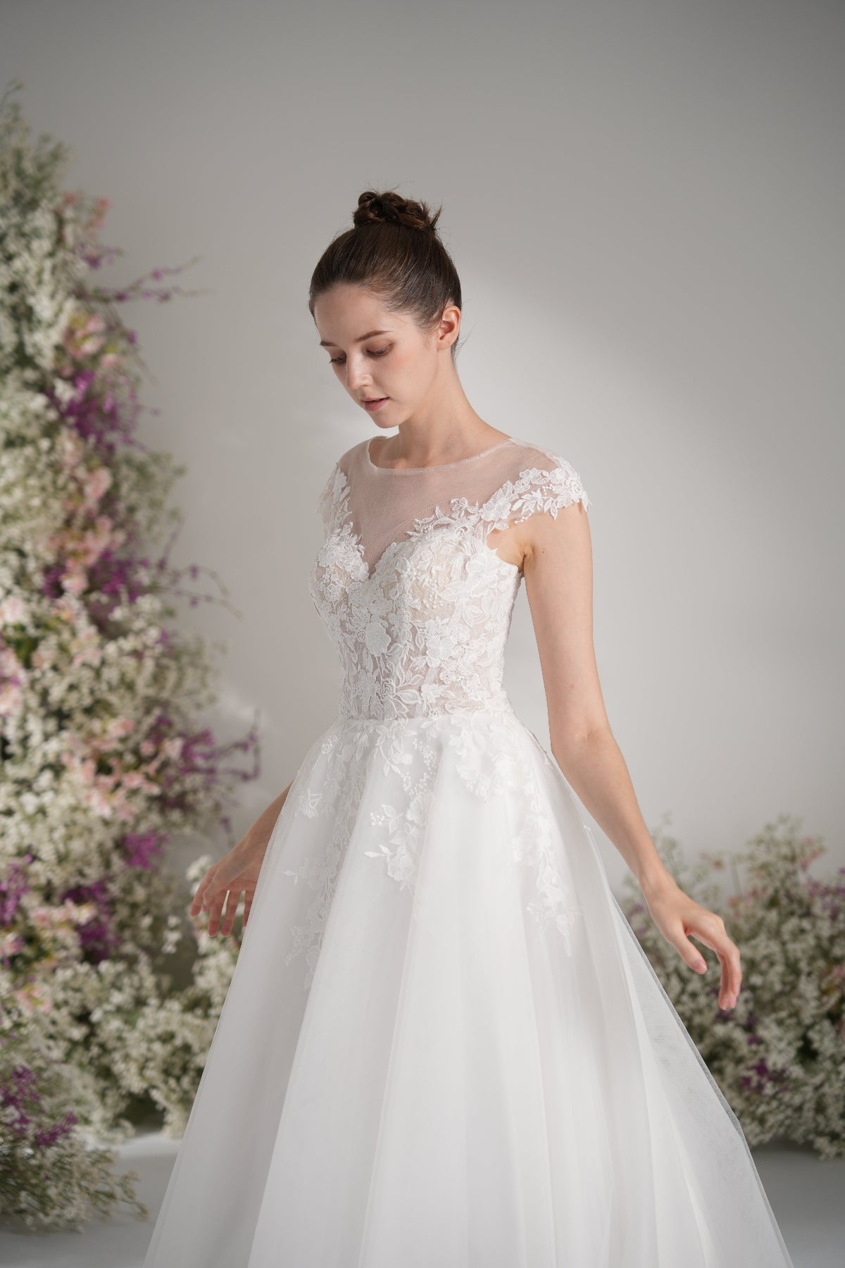 A-line Lllusion Neck Full Lace Luxury Mesh Wedding Dress With Court Train