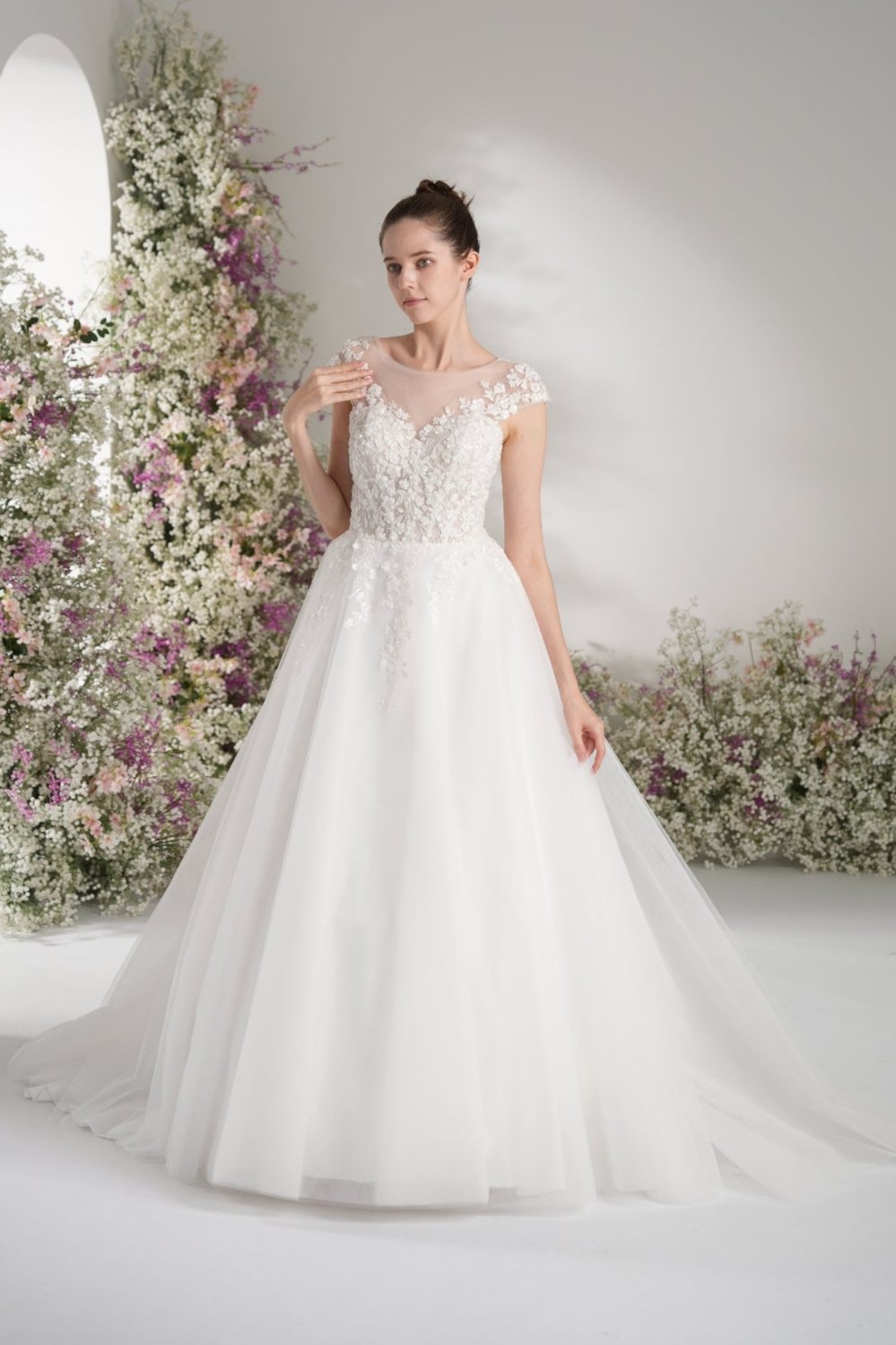 A-line Lllusion Neck Heavy Beading And Full Lace Mesh Elegant Wedding Dress With Court Train