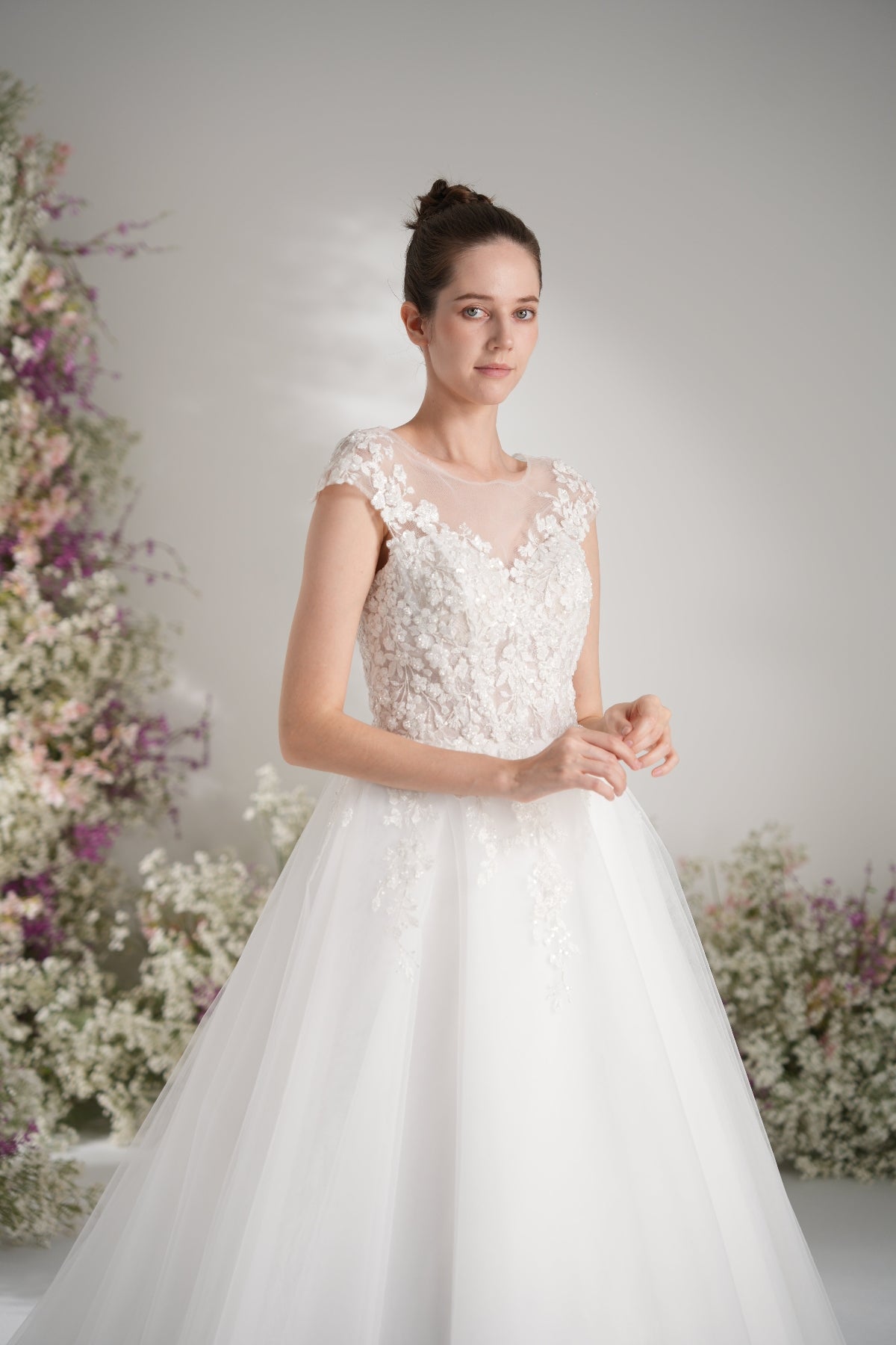 A-line Lllusion Neck Heavy Beading And Full Lace Mesh Elegant Wedding Dress With Court Train