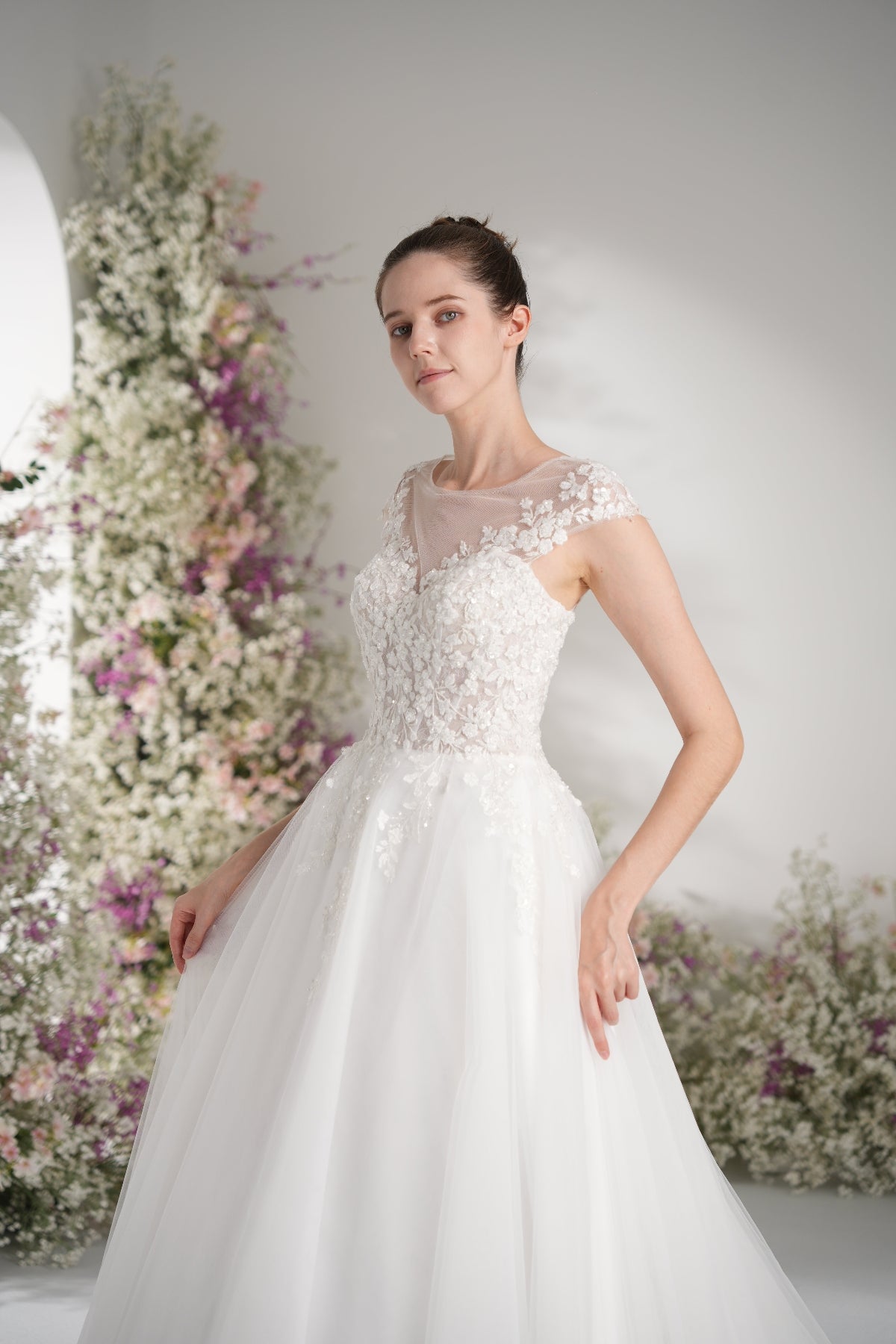 A-line Lllusion Neck Heavy Beading And Full Lace Mesh Elegant Wedding Dress With Court Train