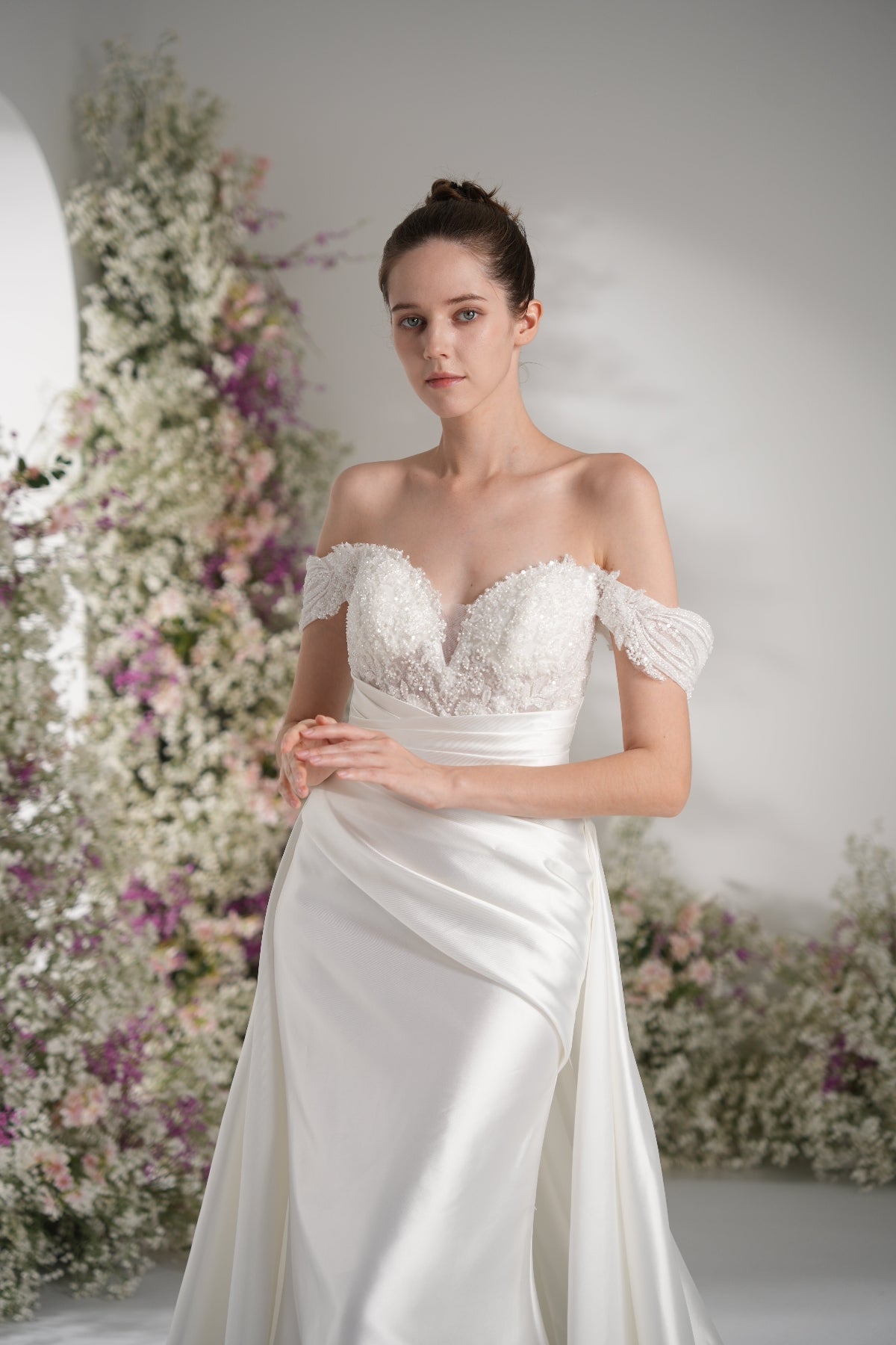 A-line Off-The-Shoulder Beading Lace Ruffles Satin Wedding Dress With Court Train