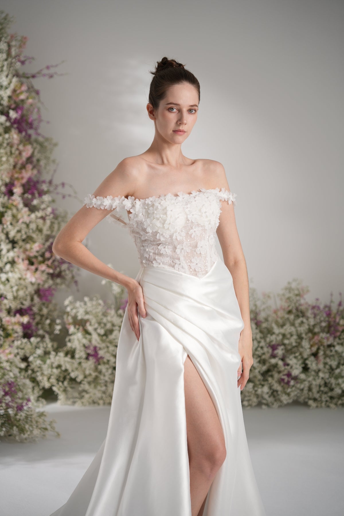 A-line Off-The-Shoulder Ruffles Appliqued Satin Wedding Dress With Court Train