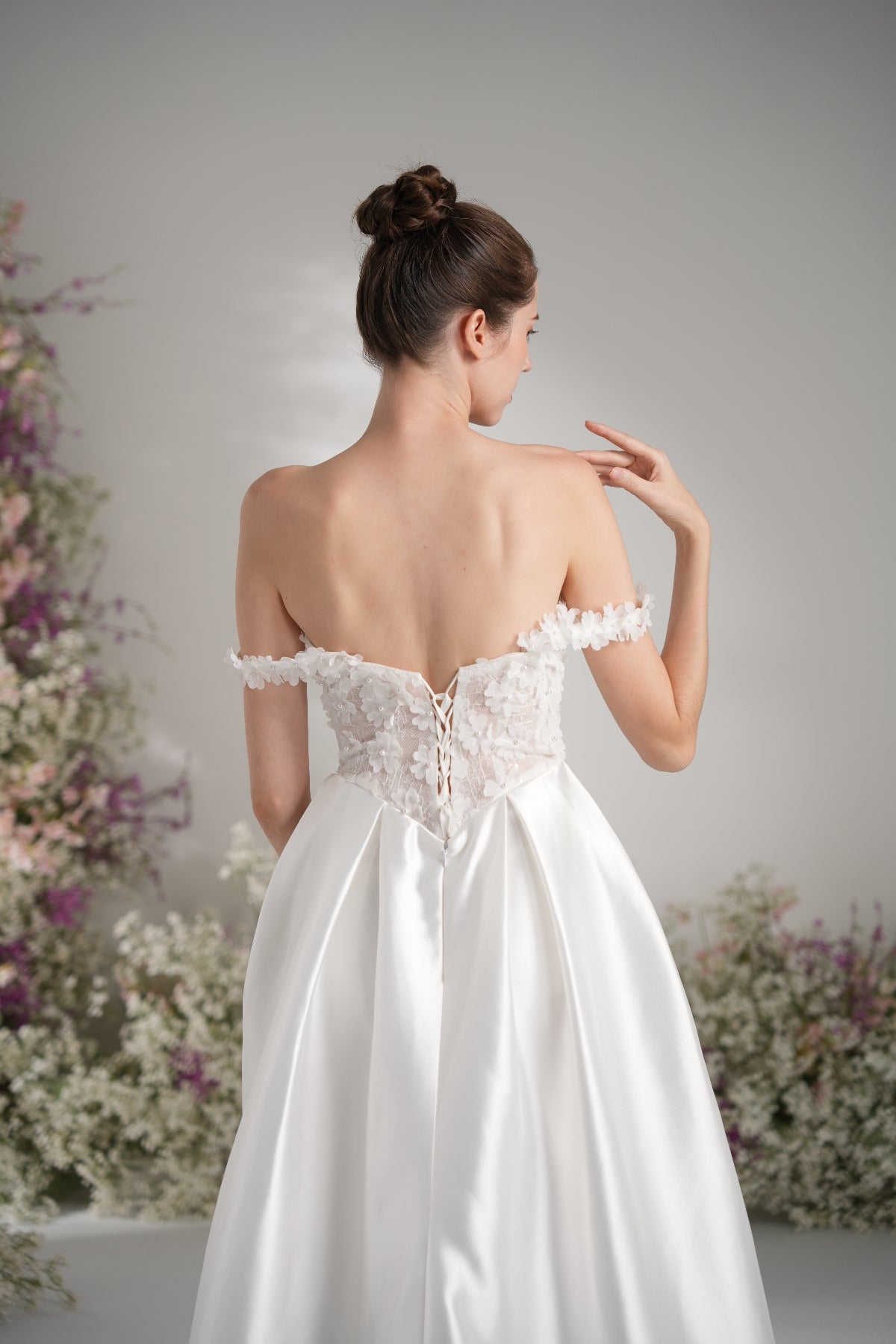 A-line Off-The-Shoulder Ruffles Appliqued Satin Wedding Dress With Court Train