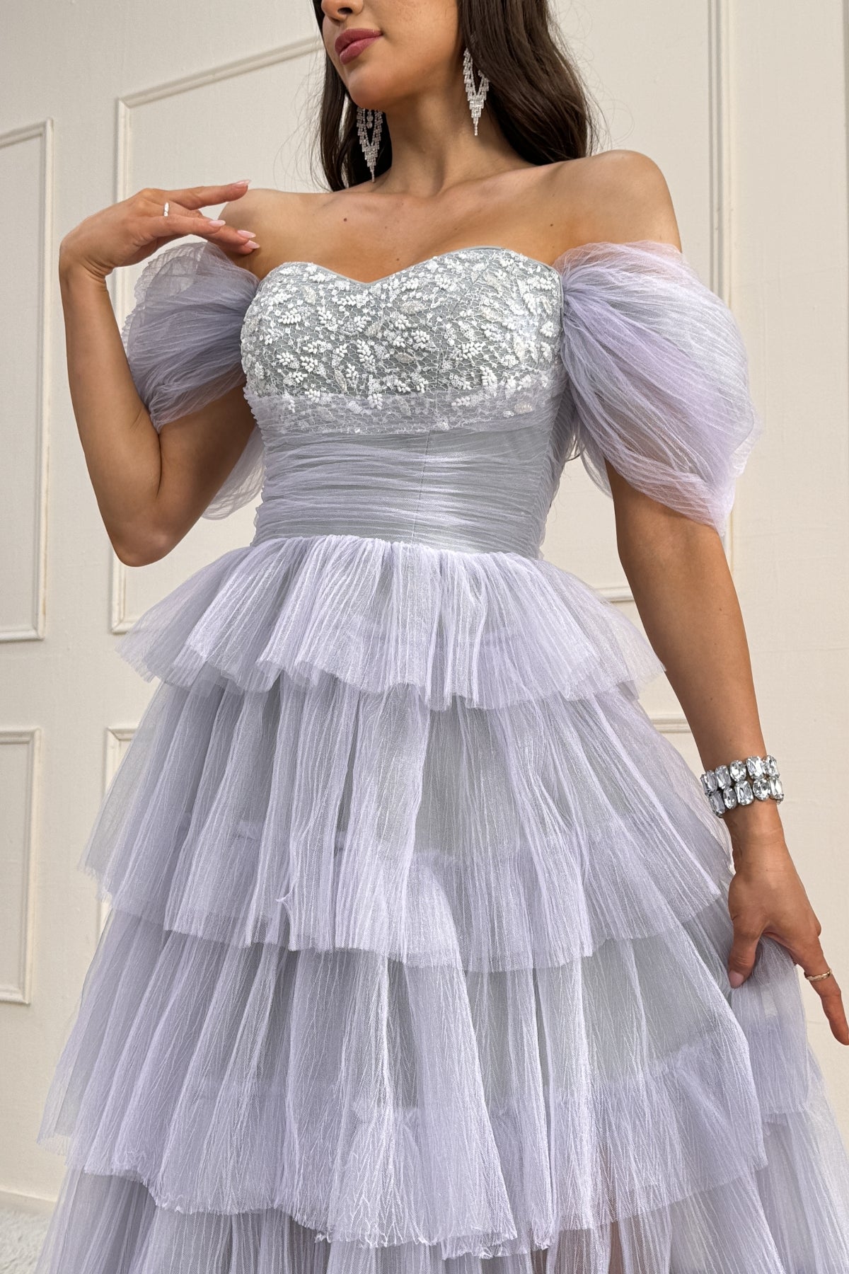 A-line Off-The-Shoulder Sleeveless Floor-Length Ruche Beading Prom Dress