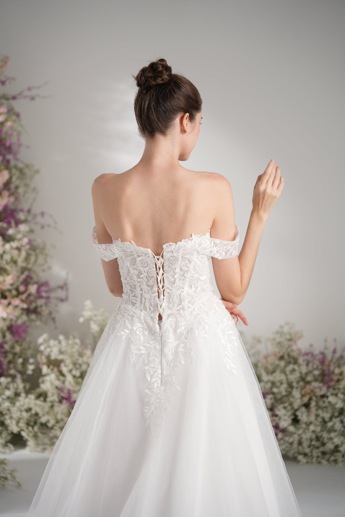 A-line Off-The-Shoulder Sweetheart Full Lace Tulle Wedding Dress With Court Train