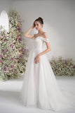 A-line Off-The-Shoulder Sweetheart Full Lace Tulle Wedding Dress With Court Train