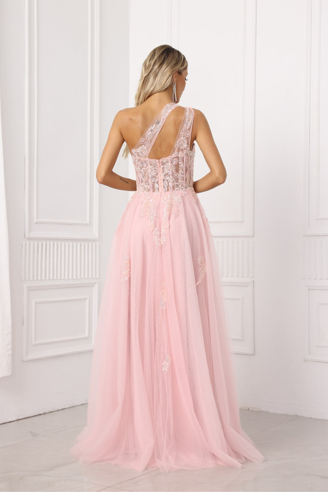 A-line One Shoulder Sleeveless Beading Lace Slit Sequined Mesh/Floor Length Prom Dress