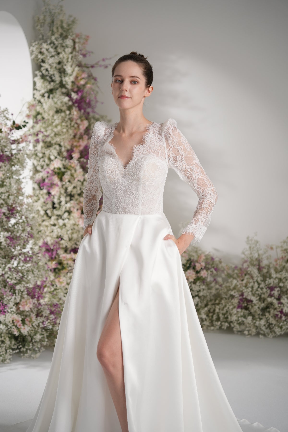 A-line Queen Anne Long Sleeve Lace High Slit Satin Elegant Wedding Dress With Court Train