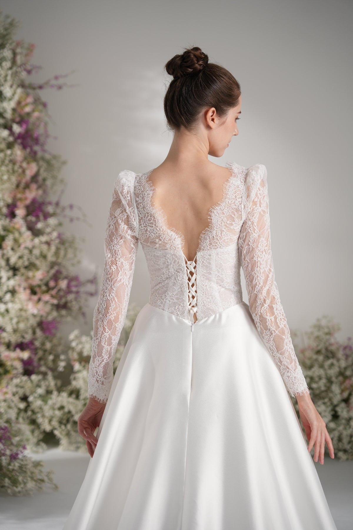 A-line Queen Anne Long Sleeve Lace High Slit Satin Elegant Wedding Dress With Court Train