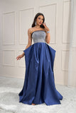 A-line Strapless Sleeveless Beading Satin/Floor Length Prom Dress