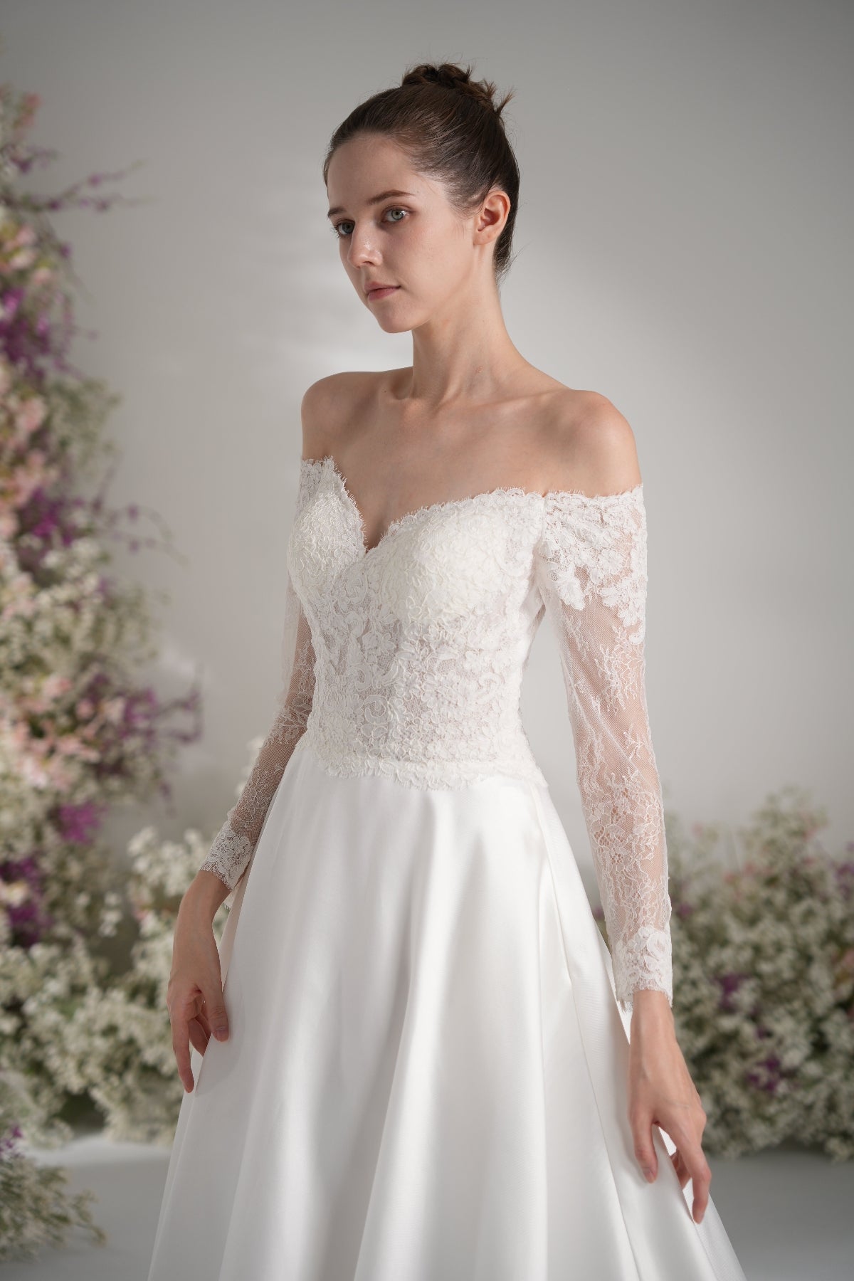 A-line Sweetheart Long Sleeve Lace Satin Elegant Wedding Dress With Court Train