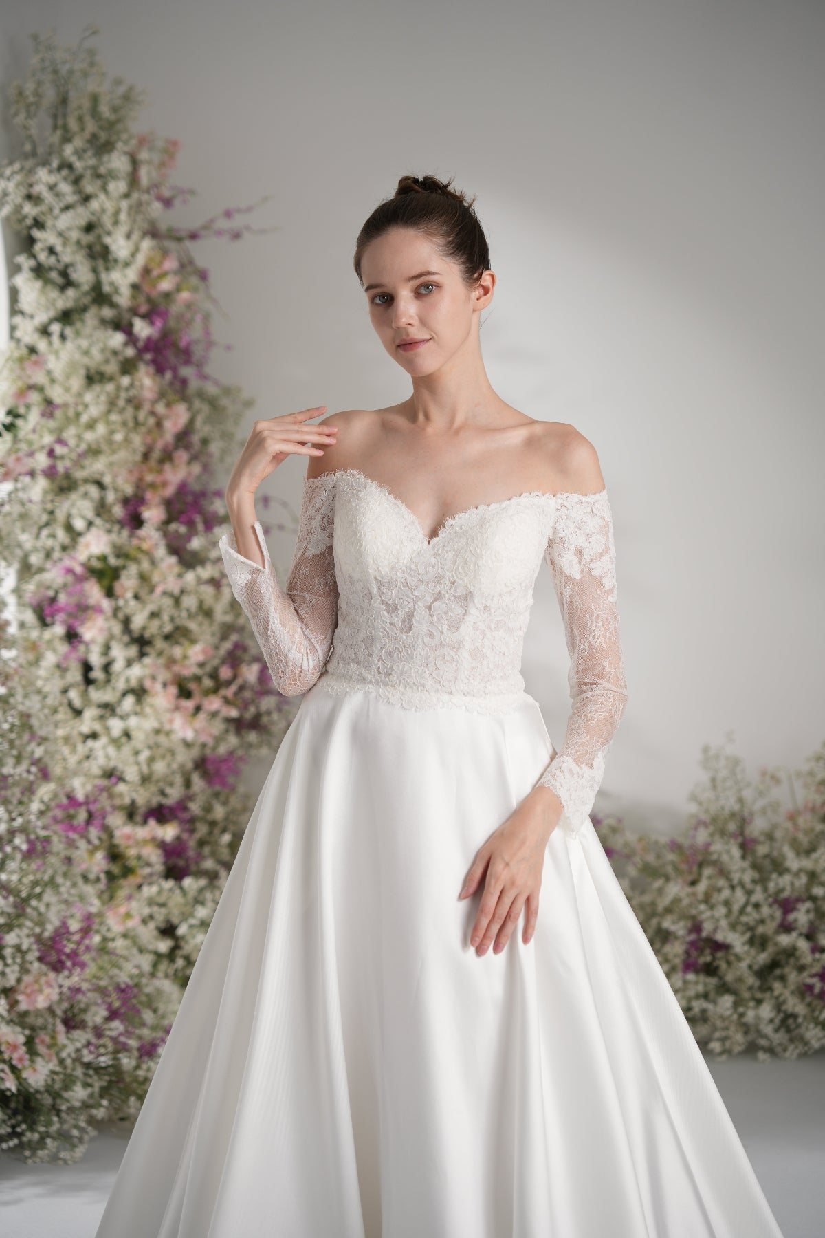 A-line Sweetheart Long Sleeve Lace Satin Elegant Wedding Dress With Court Train