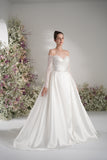 A-line Sweetheart Long Sleeve Satin Simple Wedding Dress With Court Train