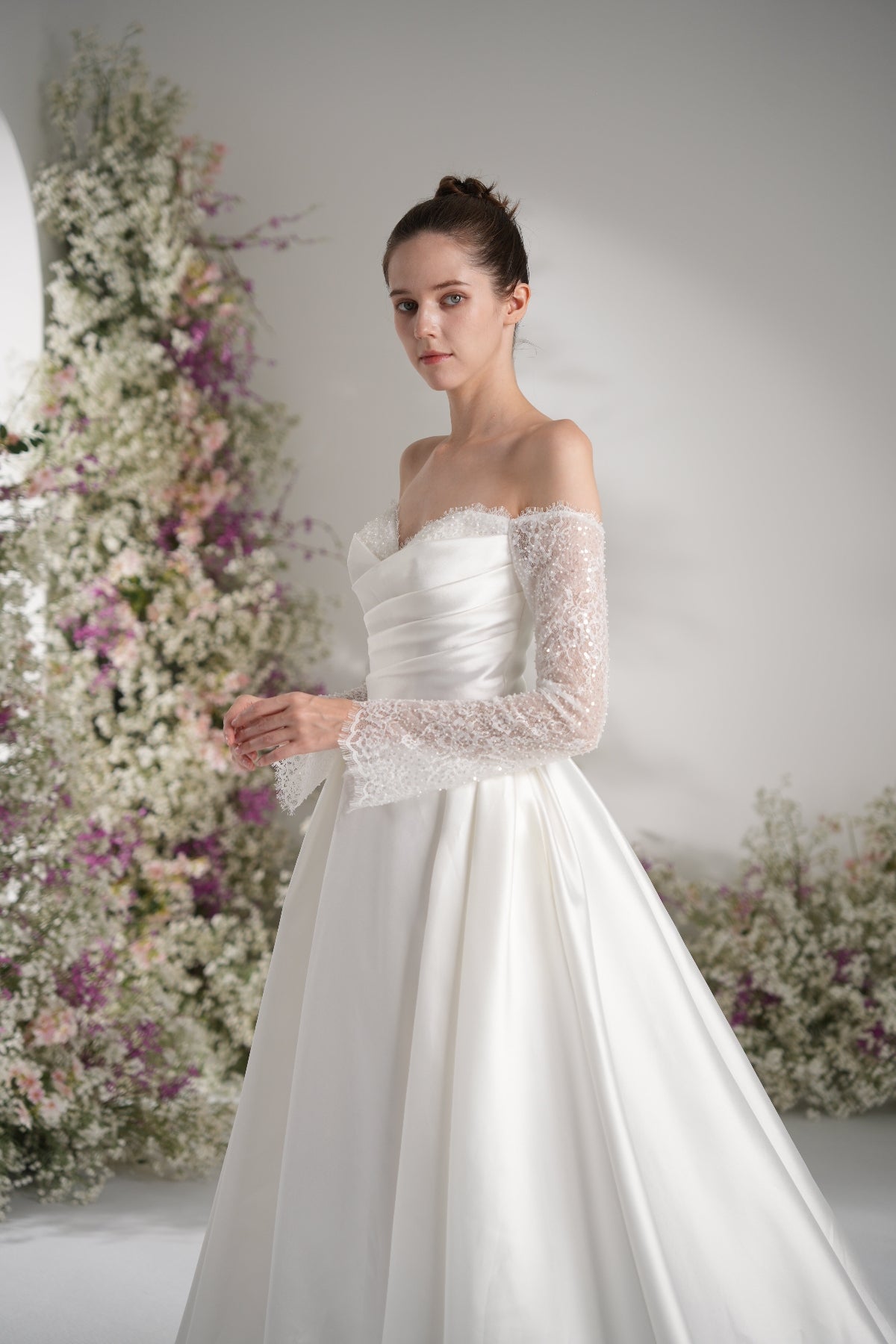 A-line Sweetheart Long Sleeve Satin Simple Wedding Dress With Court Train