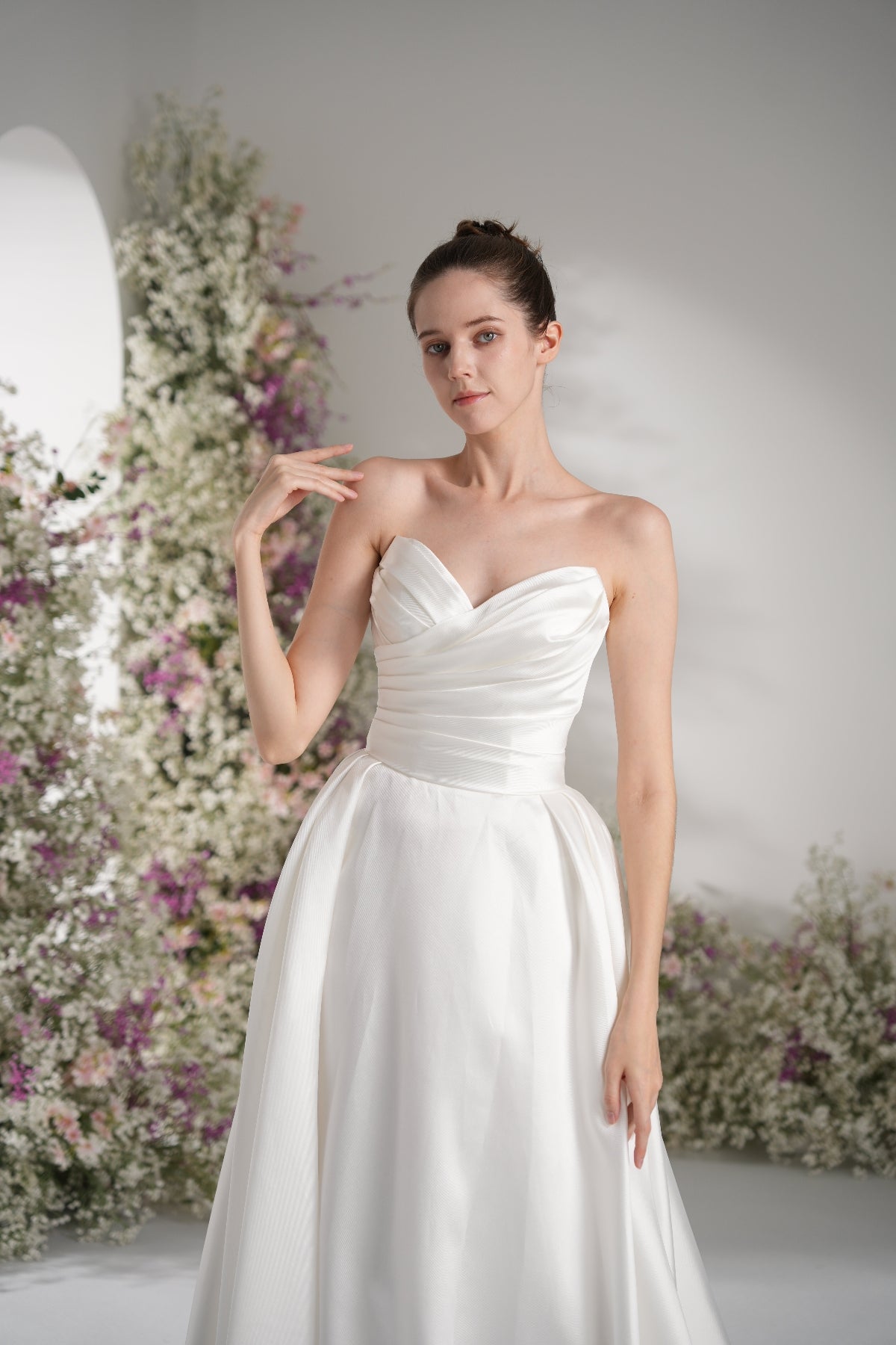 A-line Sweetheart Ruche Lace Modest Wedding Dress With Court Train