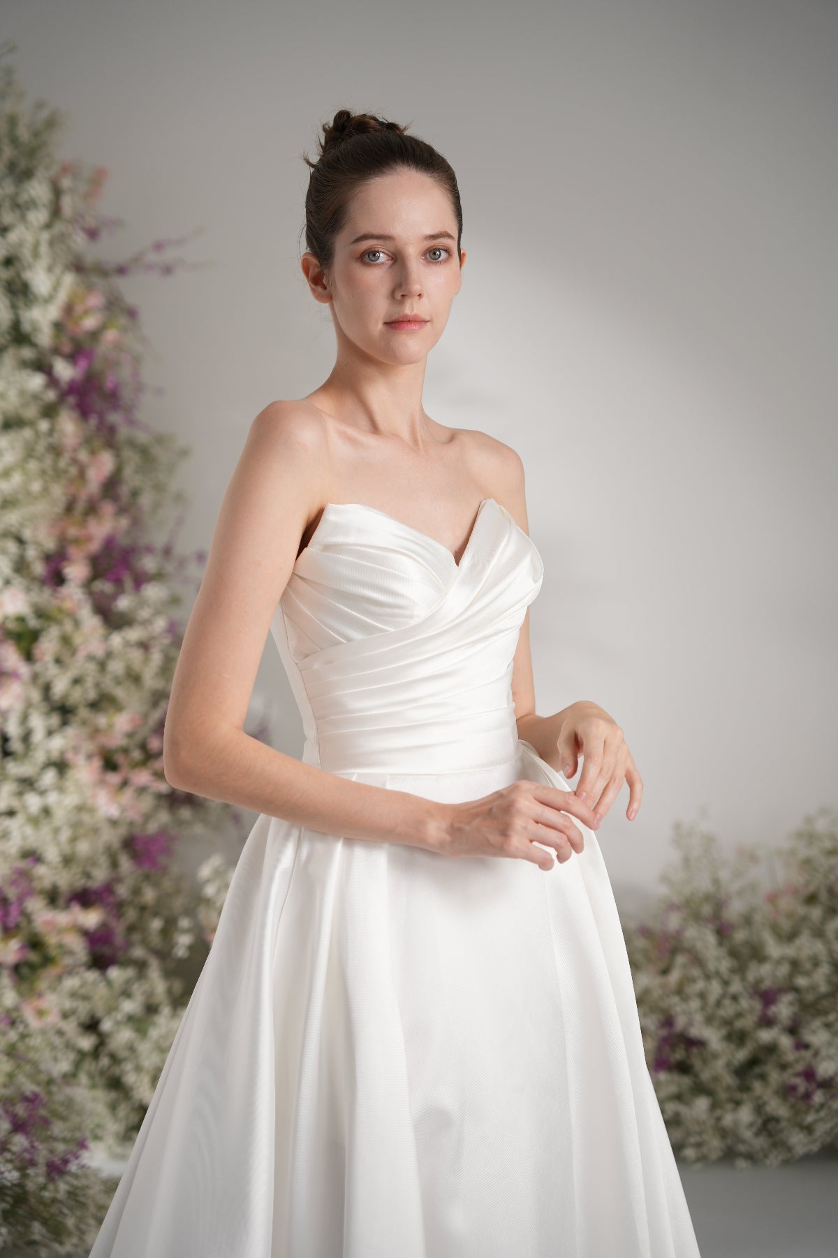 A-line Sweetheart Ruche Lace Modest Wedding Dress With Court Train