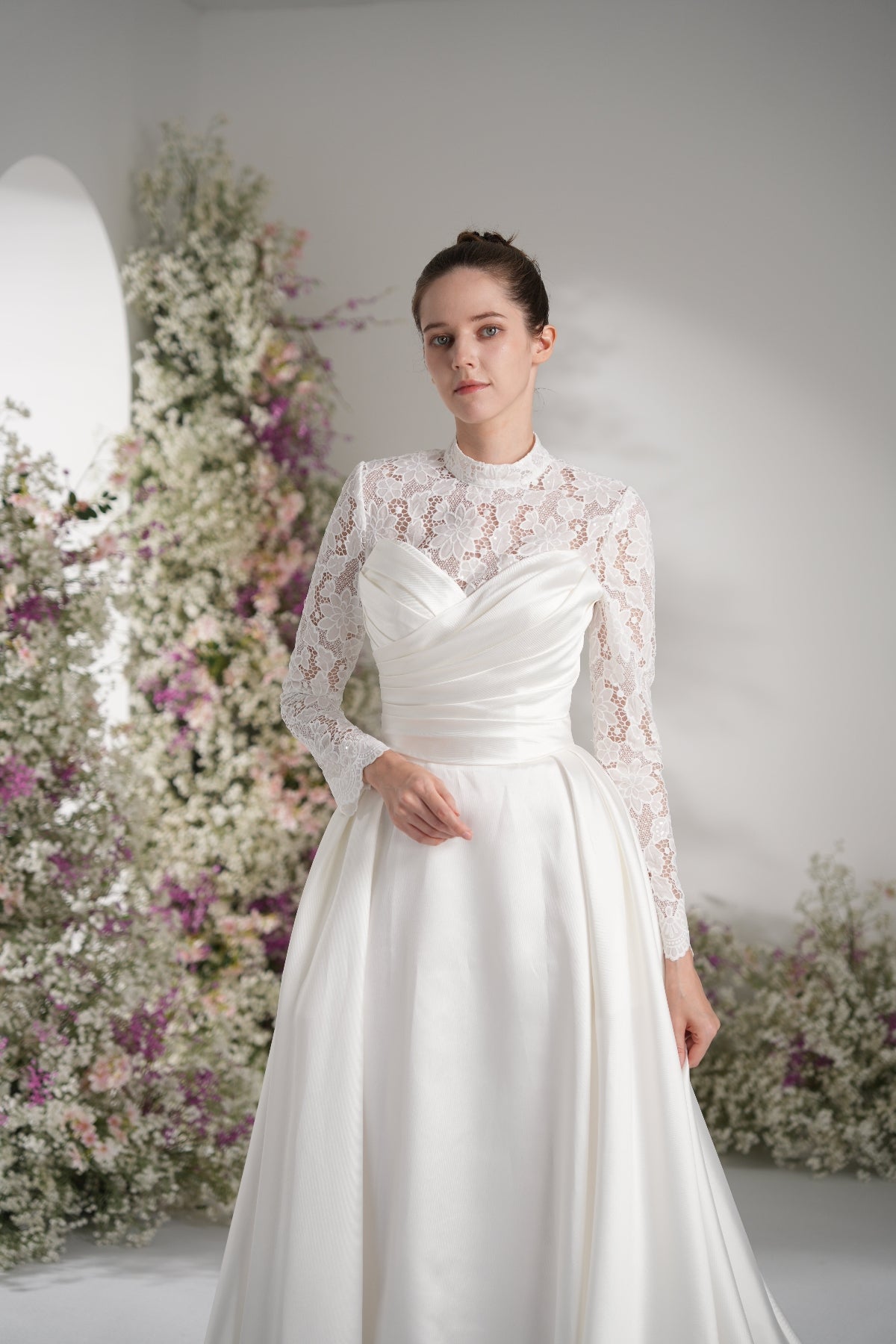 A-line Sweetheart Ruche Lace Modest Wedding Dress With Court Train