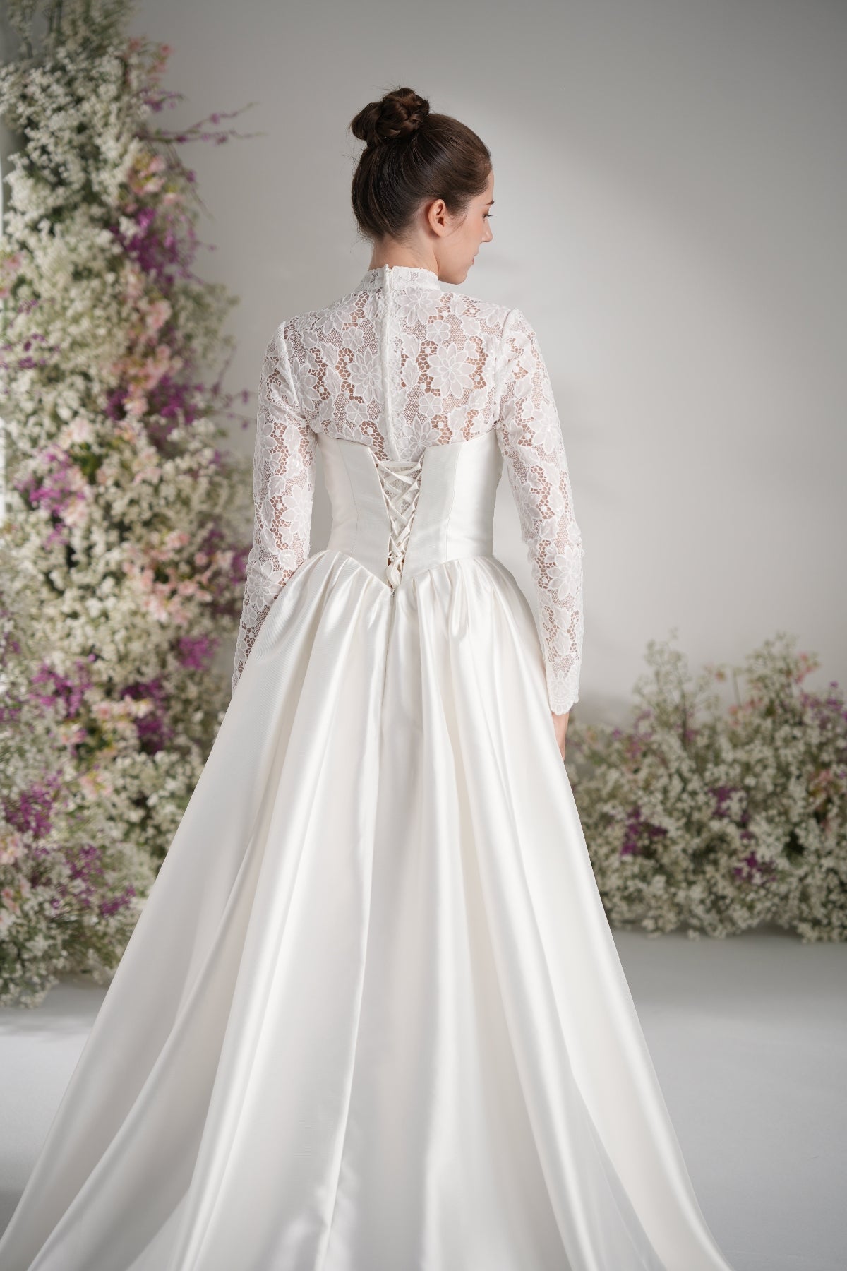 A-line Sweetheart Ruche Lace Modest Wedding Dress With Court Train