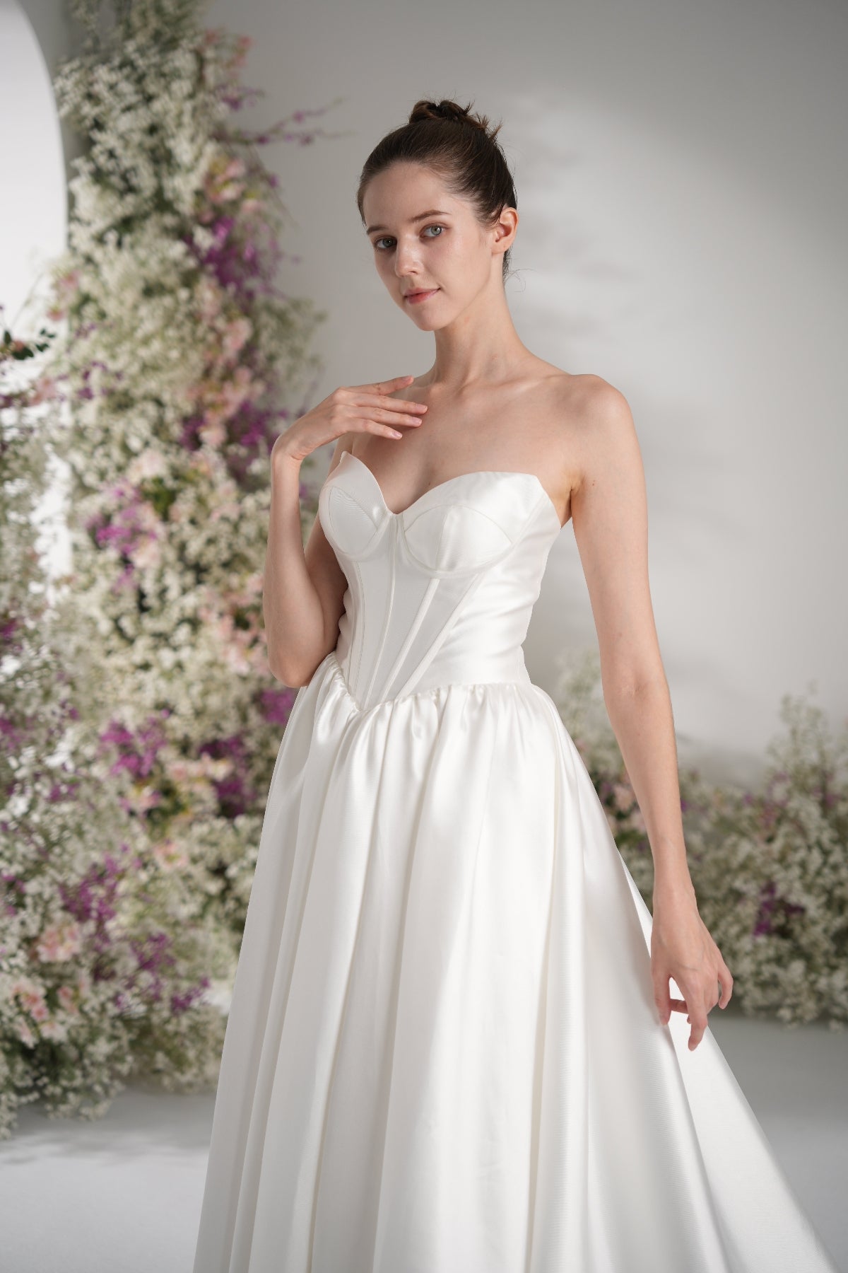 A-line Sweetheart Sleeveless High Slit  Satin Modest Wedding Dress With Court Train