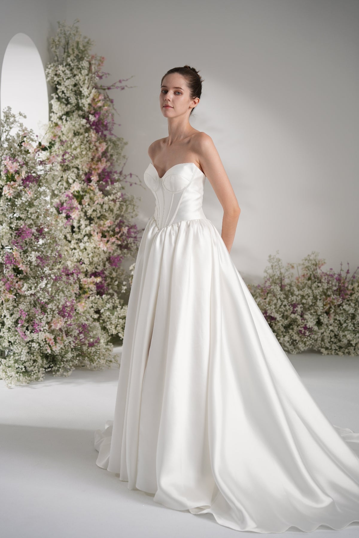 A-line Sweetheart Sleeveless High Slit  Satin Modest Wedding Dress With Court Train