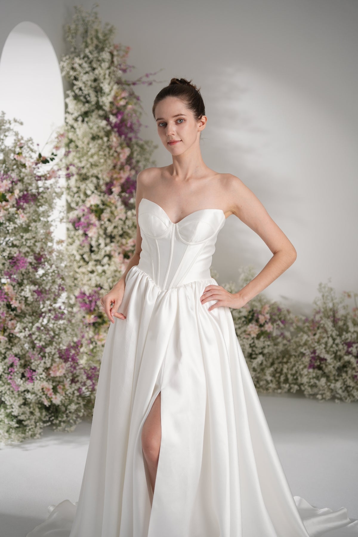 A-line Sweetheart Sleeveless High Slit  Satin Modest Wedding Dress With Court Train