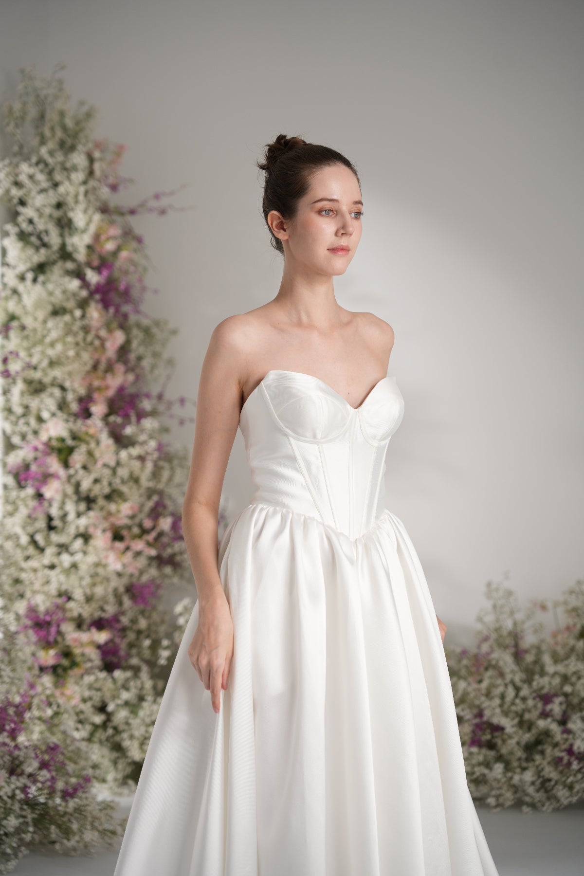 A-line Sweetheart Sleeveless High Slit  Satin Modest Wedding Dress With Court Train