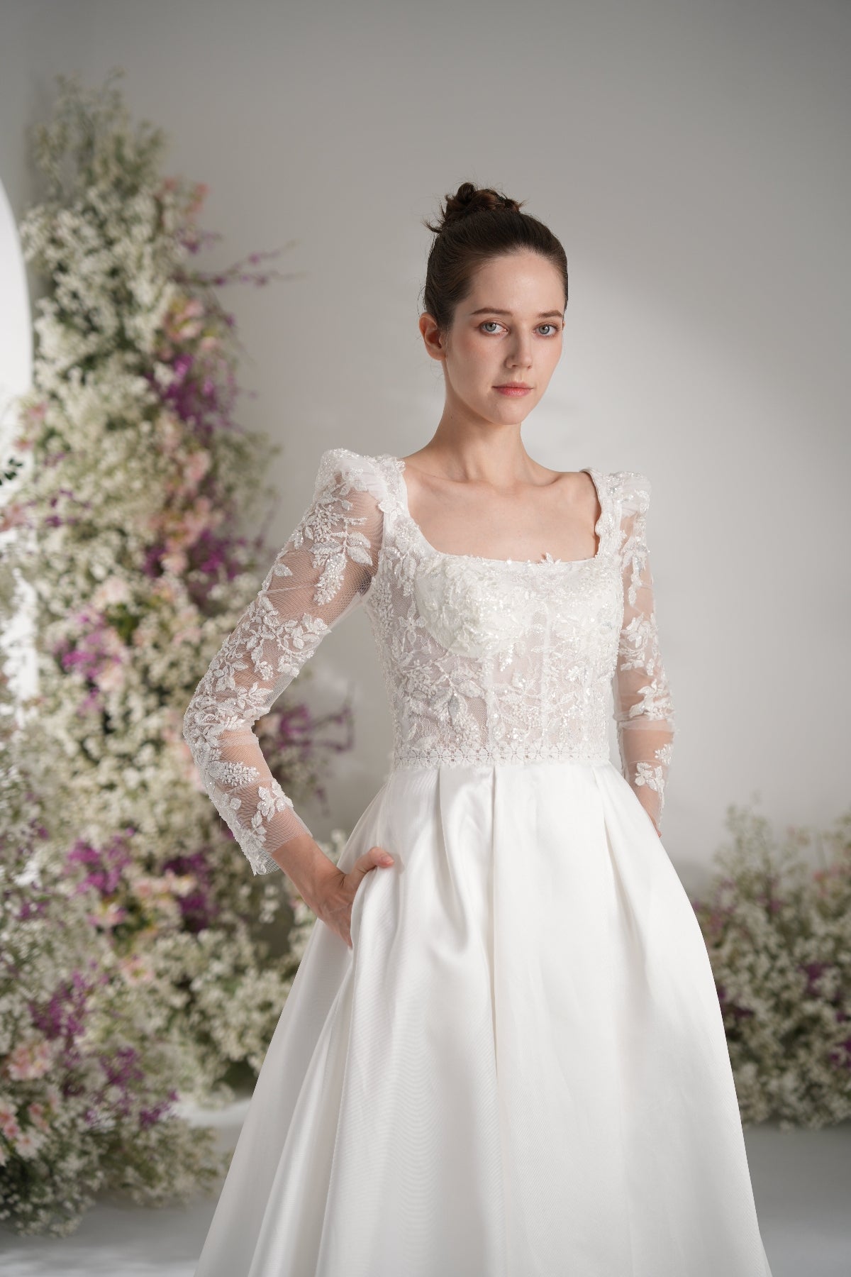 A-line Tank Top Long Sleeve Beading Lace Satin Elegant Wedding Dress With Court Train