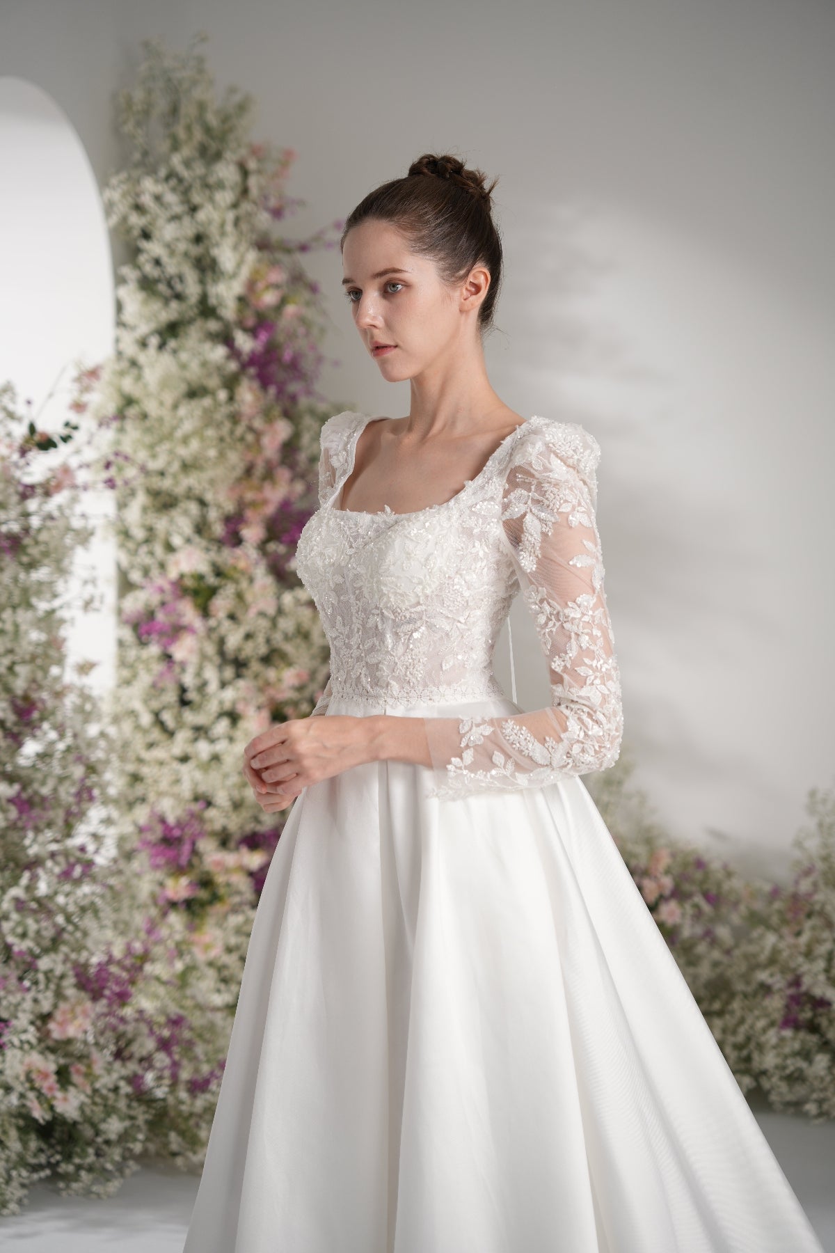 A-line Tank Top Long Sleeve Beading Lace Satin Elegant Wedding Dress With Court Train