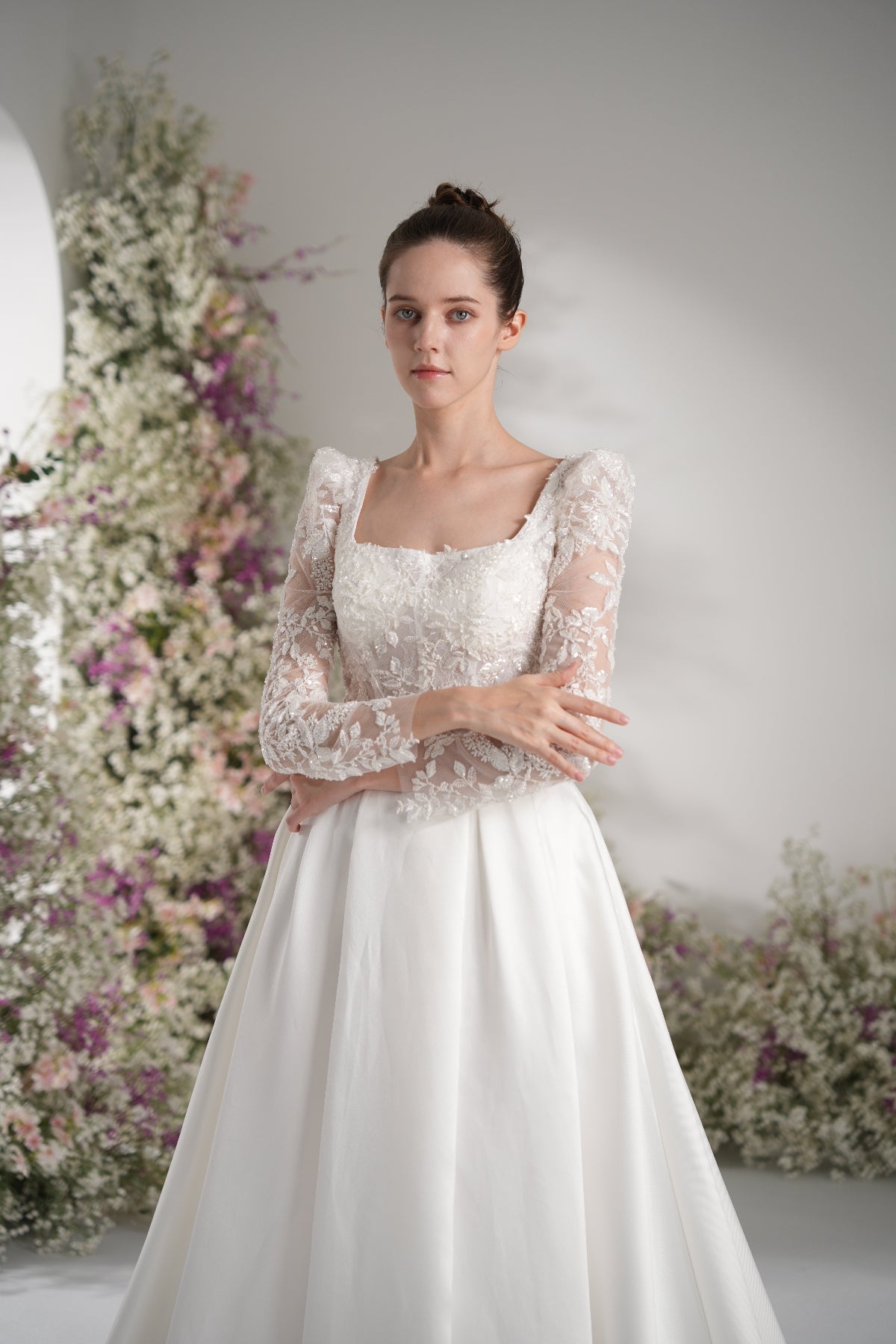 A-line Tank Top Long Sleeve Beading Lace Satin Elegant Wedding Dress With Court Train