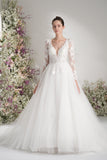 A-line V-neck Long Sleeve Mesh Lace Elegant Wedding Dress With Court Train