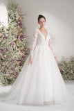 A-line V-neck Long Sleeve Mesh Lace Elegant Wedding Dress With Court Train