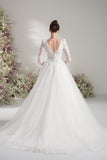 A-line V-neck Long Sleeve Mesh Lace Elegant Wedding Dress With Court Train