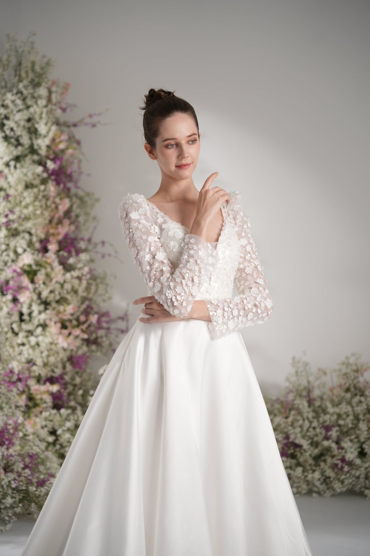 A-line Queen Neckline Long Sleeve Lace Applique Satin Wedding Dress With Court Train