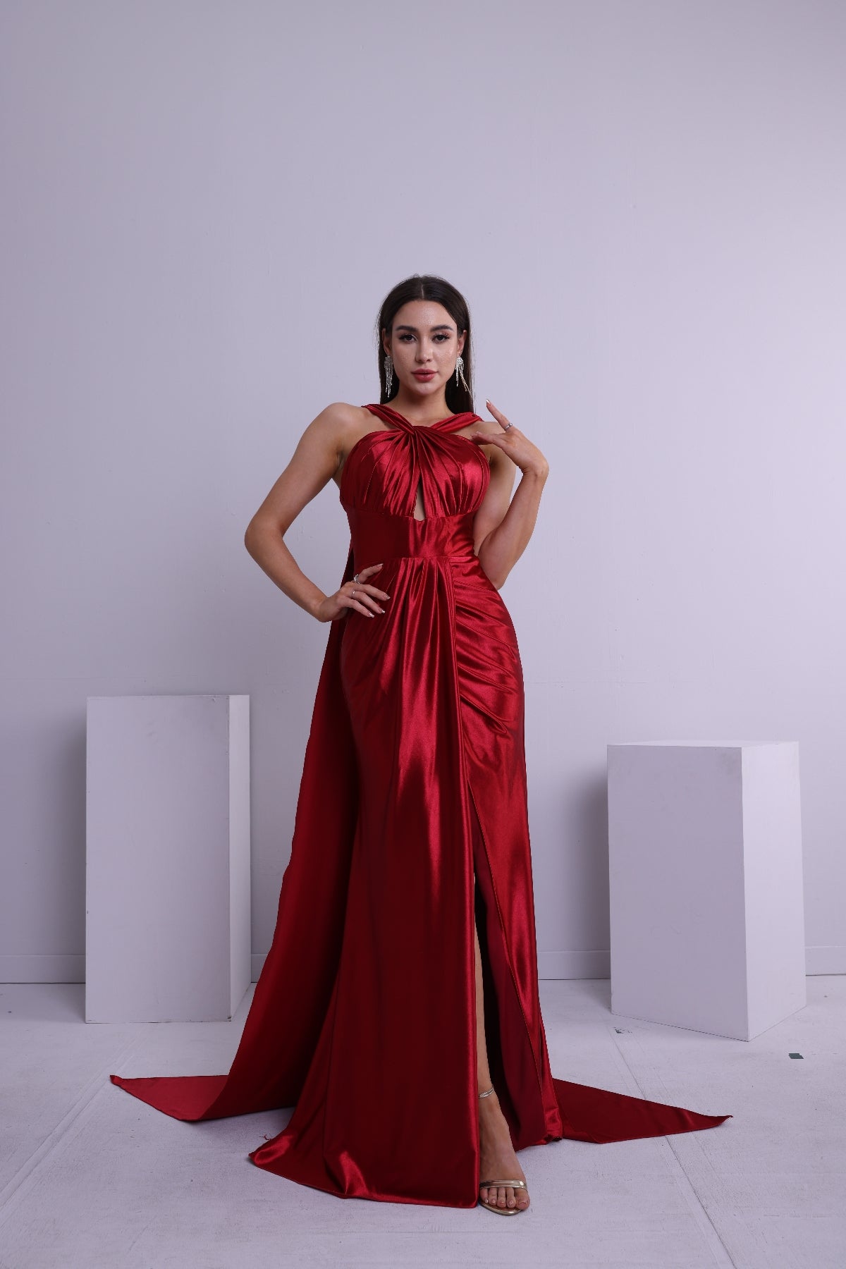 Trumpet/Mermaid Halter Sleeveless Ruche Cape Satin/Floor Length Prom Dress