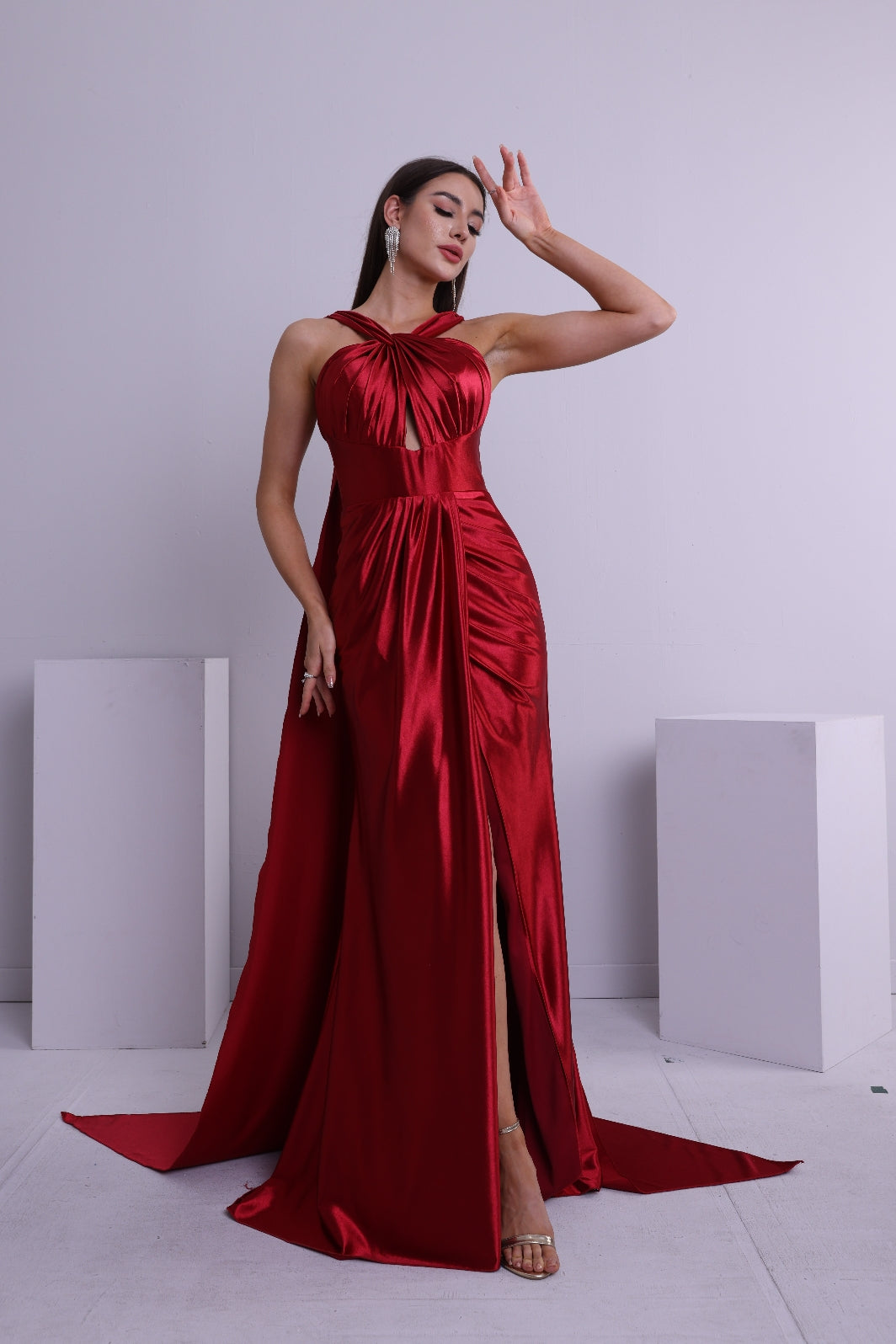 Trumpet/Mermaid Halter Sleeveless Ruche Cape Satin/Floor Length Prom Dress