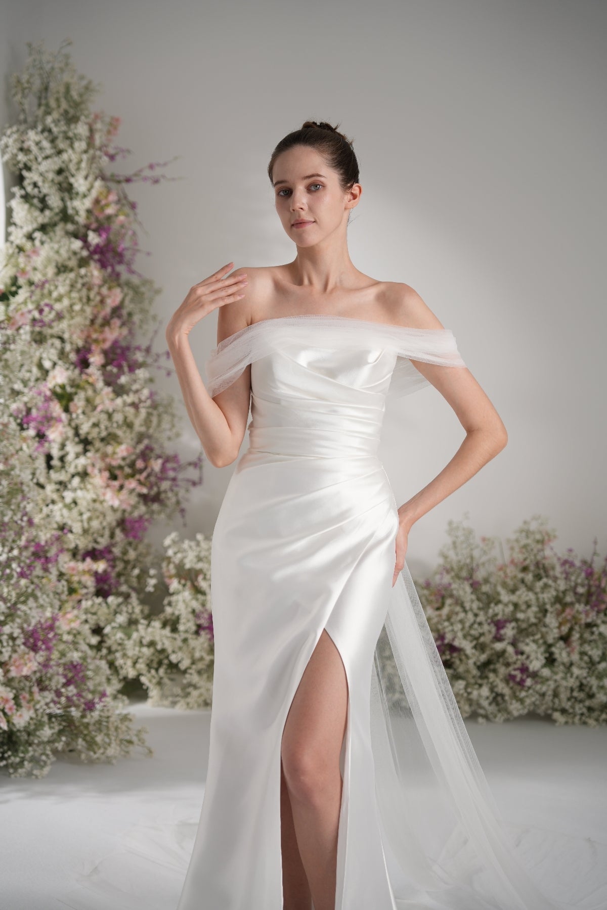 Trumpet/Mermaid Off-The-Shoulder Cape Ruffled Tulle Satin Wedding Dress With Court Train