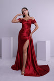 Trumpet/Mermaid Off-The-Shoulder Sleeveless Sequined Ruche Satin Prom Dress With Court Train