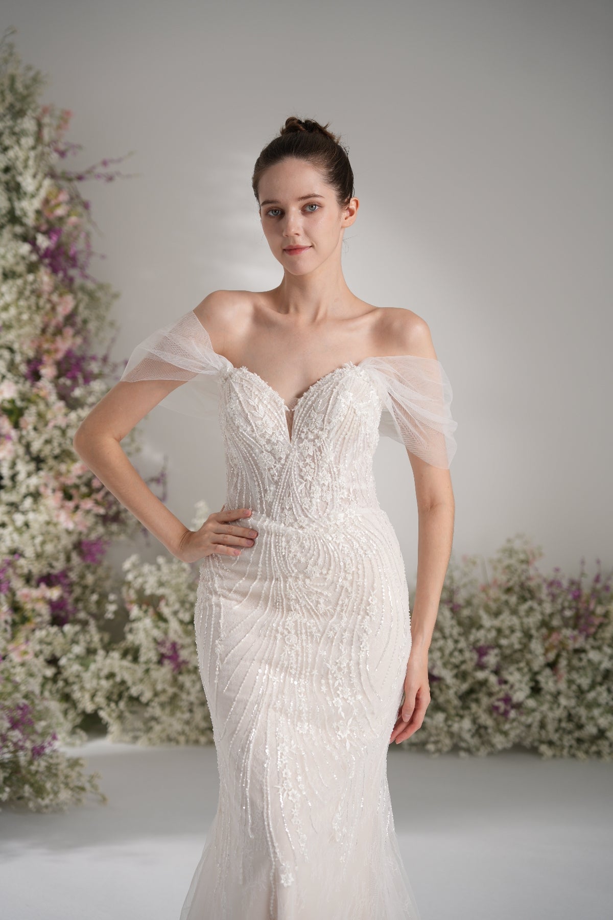 Trumpet/Mermaid Off-The-shoulder Beading Lace Wedding Dress With Court Train