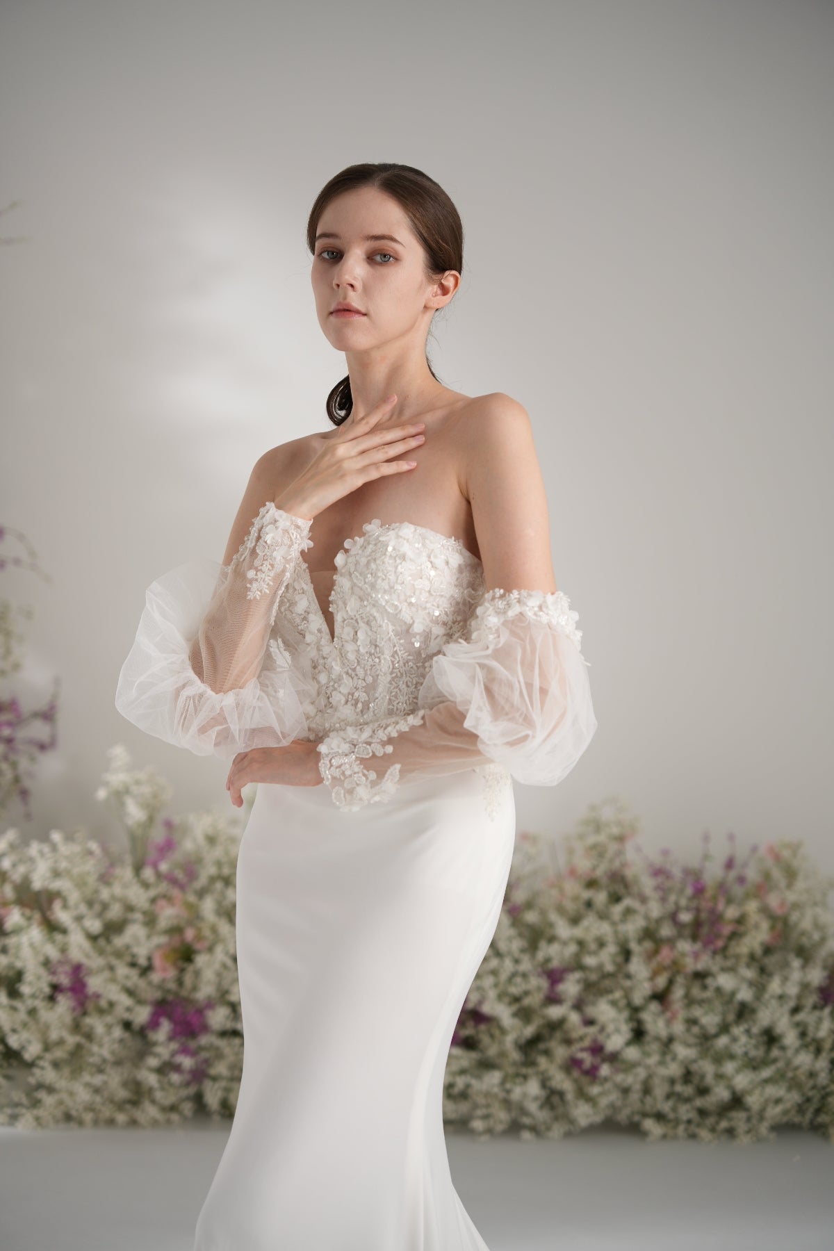 Trumpet/Mermaid Sweetheart Long Sleeve Applique Lace Beading Sexy Wedding Dress with Court Train